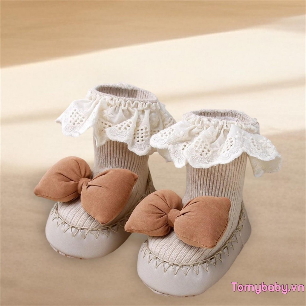 Giày Dệt Kim Cho Bé Nơ Dễ Thương Ren Trang Trí Đế Mềm Đầu Tiên Đi Bộ Thoải Mái Trong Nhà Booties