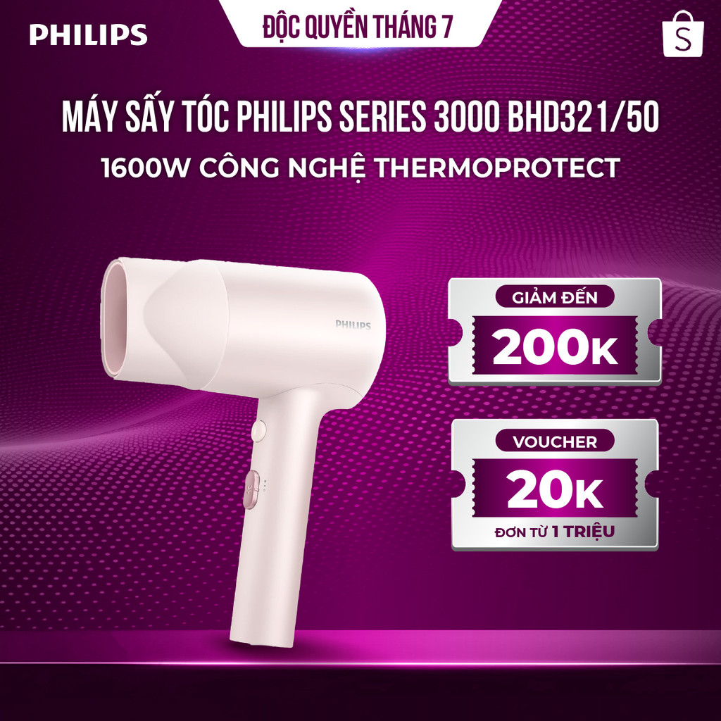 Máy sấy tóc Philips BHD321/50 1600W – ThermoProtect, ion âm giảm xơ rối, sấy nhanh