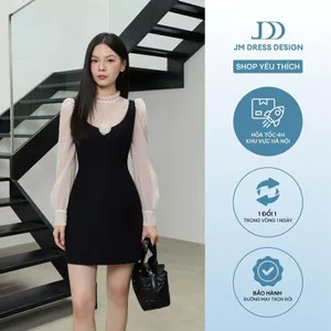 Đầm Cổ U Phối Tơ Nhún Cổ, Chân A 1F39.2510 Kết Hợp Sơ Mi Cổ Bèo Thiết Kế Layered Dress, Đầm Dự Tiệc Thanh Lịch By JM