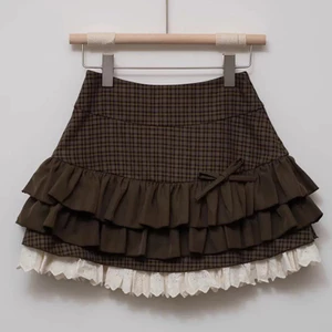 Nhật Bản Ngọt Ngào Gothic Y2K Kawaii Cao Cấp Ren Chắp Vá Nơ Chữ A Mini Bánh Váy Nữ Preppy Tất Cả Trận Đấu Váy Thường Ngày