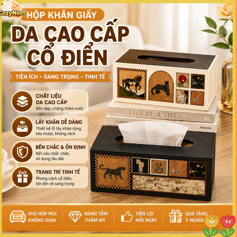 Hộp khăn giấy da cao cấp cổ điển – sang trọng, chống nước, đa năng decor phòng khách bàn cà phê
