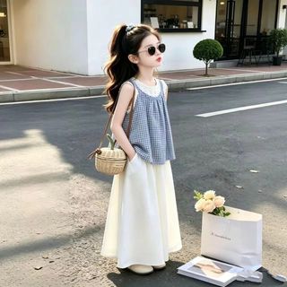 Bộ bé gái mùa hè Hàn Quốc - áo sát nách phối ren quần ống rộng giả váy 2 món