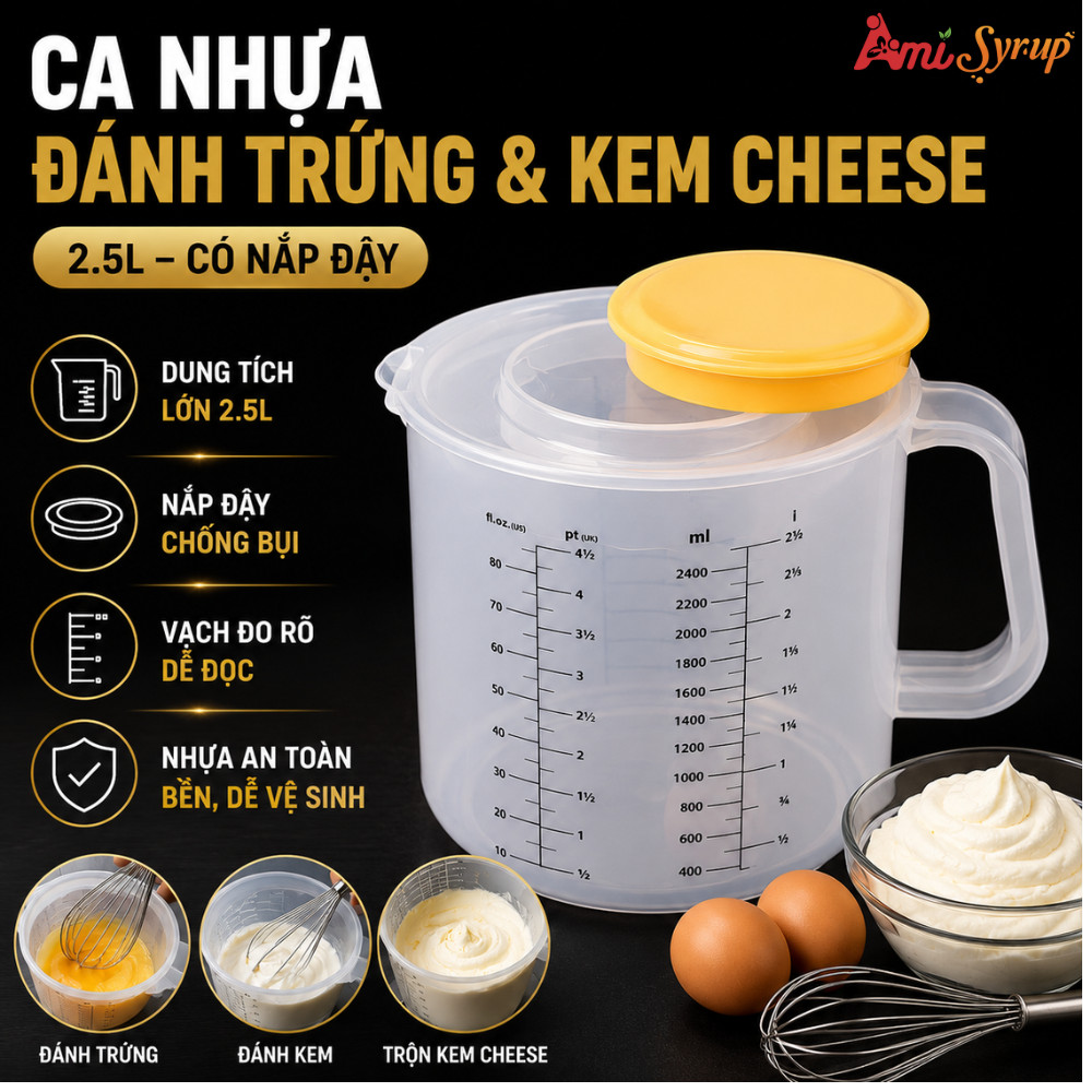 Ca Nhựa Đánh Trứng & Kem Cheese 2.5L – Có Nắp Đậy, Tiện Lợi, Chuyên Dụng Cho Pha Chế