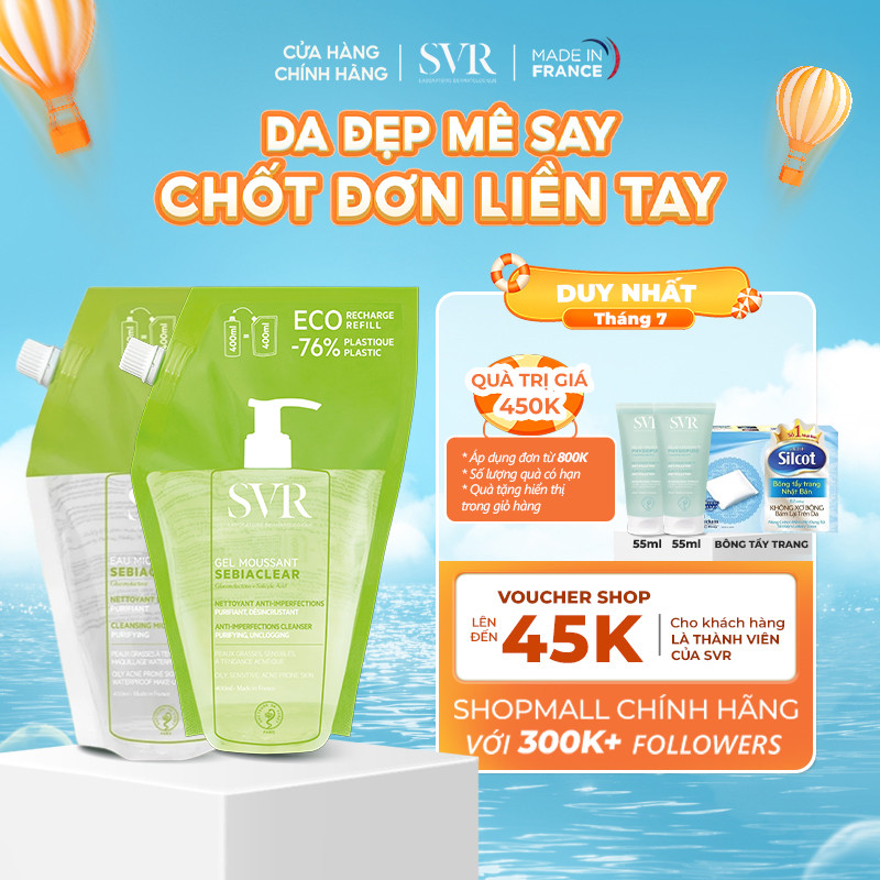Combo túi Refill làm sạch da dầu mụn Tẩy trang Sebiaclear 400ML và Gel rửa mặt Moussant 400ML (CBG03)