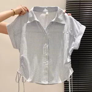 Áo sơ mi ngắn tay Polo kẻ sọc xanh Thiết kế áo sơ mi dây rút Áo sơ mi ngắn