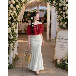 Set Áo Trễ Vai Bèo 2 Tầng + Chân Váy Đuôi Cá Dài Dáng Ôm Thanh Lịch Đi Tiệc Du Lịch K&B FASHION
