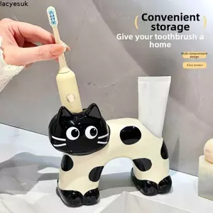 Giá đỡ bàn chải đánh răng cho mèo LACYESUK, gốm 2 khe, đế chống trượt hoạt hình, sáng tạo đa năng, dùng cho khách sạn