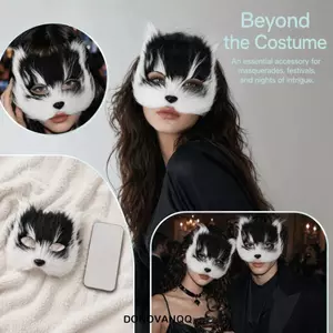 DONOVANQQ Mặt nạ nửa mặt, Mặt nạ mèo sang trọng dài lông thực tế, Trang trí Halloween ngộ nghĩnh Động vật Mặt nạ sang trọng Halloween bí ẩn Bầu không khí lễ hội