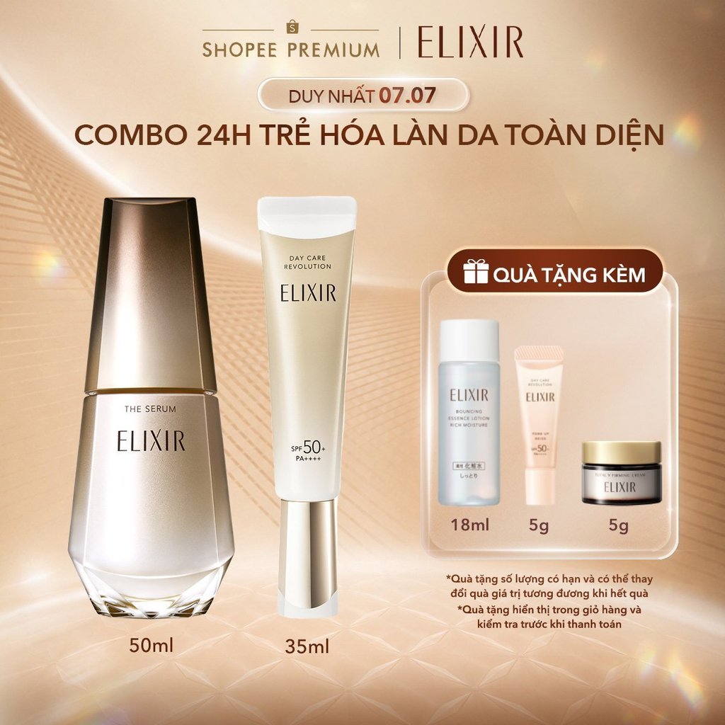 COMBO Tinh chất trẻ hóa làn da Elixir THE SERUM 50ml + Sữa chống nắng dưỡng da ELIXIR DAY CARE REVOLUTION 35ml