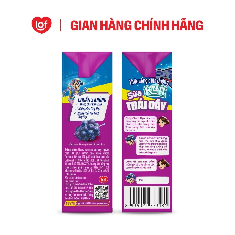 Sữa trái cây KUN vị nho thùng 48 hộp x 180ml
