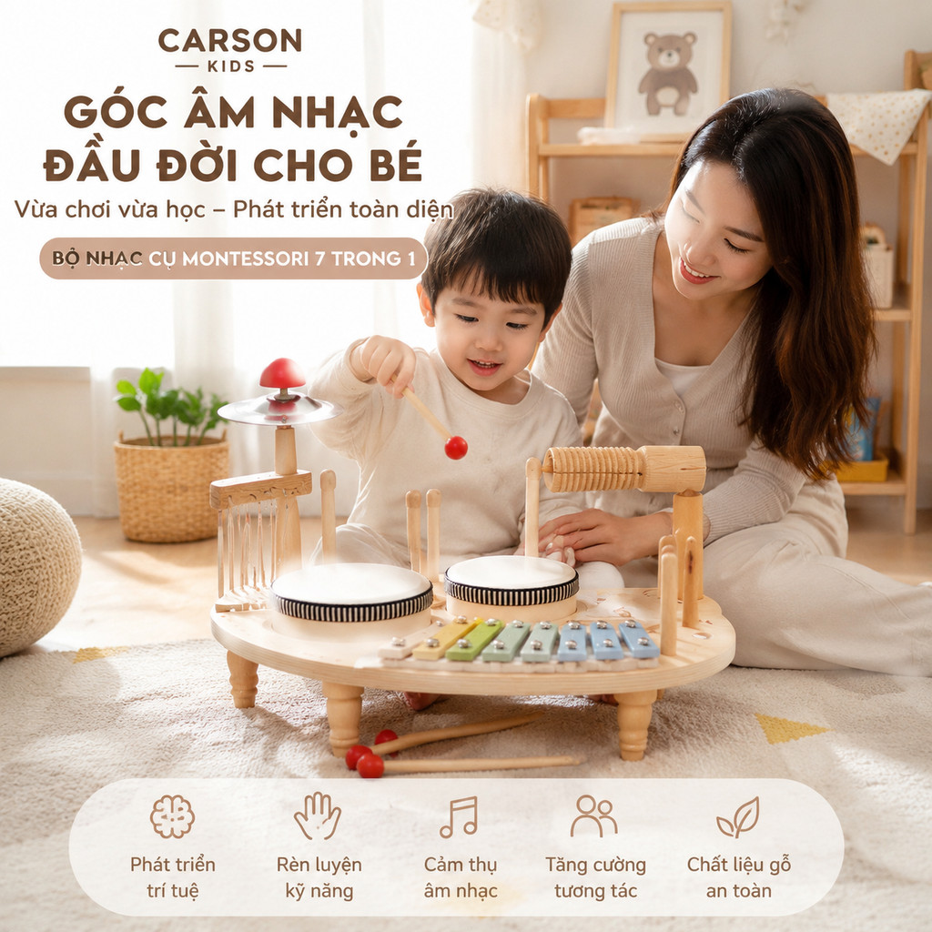 Bàn nhạc trẻ em Montessori (Thích hợp cho trẻ em từ 2-6 tuổi), Đồ chơi âm nhạc bằng gỗ đa chức năng, bao gồm Xylophone, Trống, Chuông, Được sử dụng để giáo dục âm nhạc cho trẻ sơ sinh.