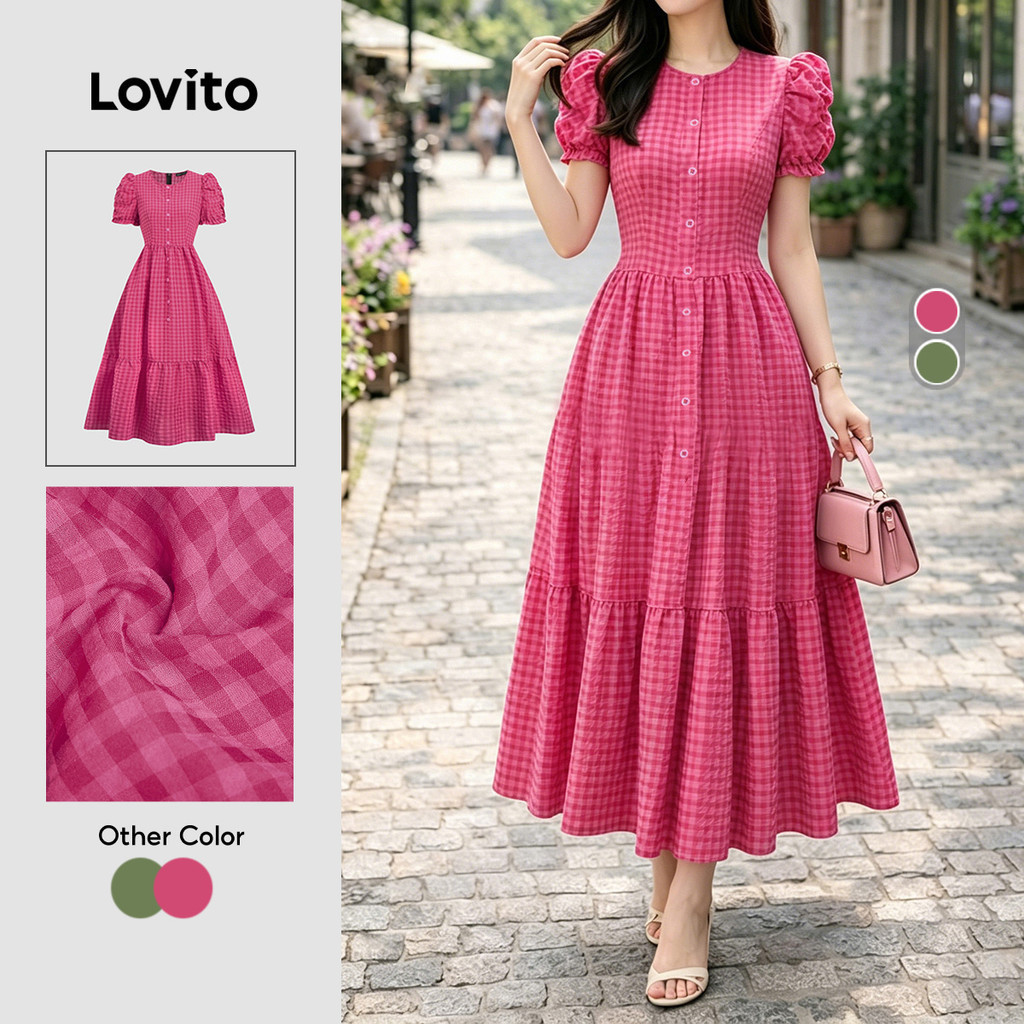 Lovito Đầm Mặc Thường Ngày Họa Tiết Nút Mùa Xuân / Hè Màu Đỏ Hồng Cho Nữ L196ED128