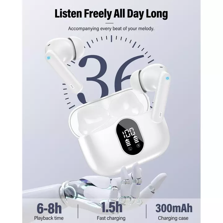 Tai nghe không dây, Tai nghe Bluetooth 5.4 Âm thanh nổi Bass, Tai nghe có Mic khử tiếng ồn, Màn hình LED trong tai Tai nghe Cuộc gọi rõ ràng, Tai nghe – 5