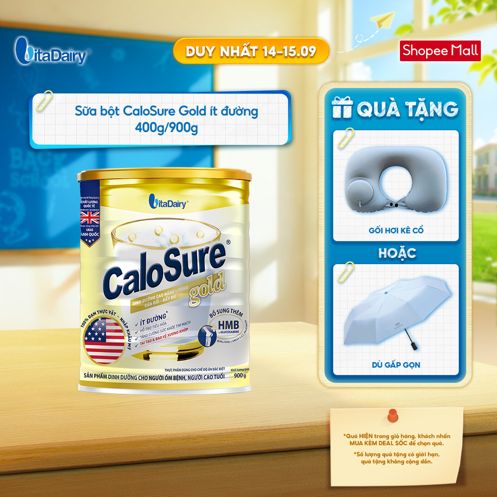 Sữa bột CaloSure Gold ít đường - Bổ sung năng lượng, giúp tiêu hoá khoẻ, hỗ trợ xương khớp khoẻ