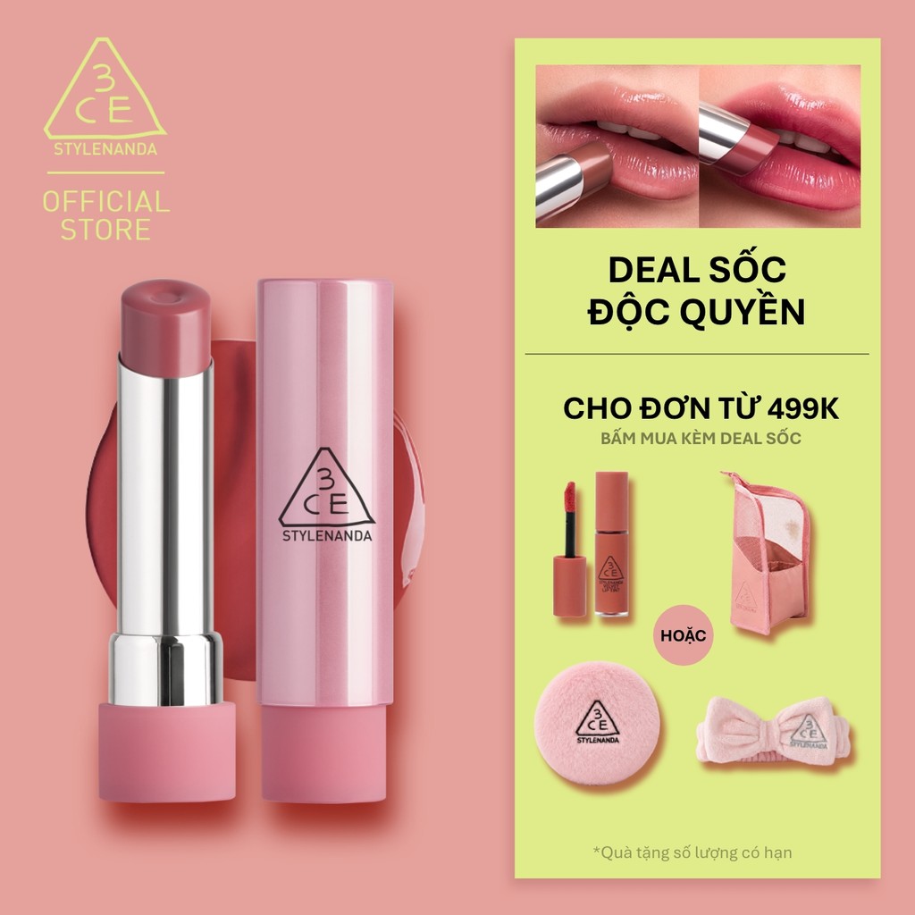 Son Bóng 3CE Glazy Lip Glow Dưỡng Môi Căng Mọng, Mềm Mịn, Lên Màu Chuẩn Sắc, Không Bết Dính, Tự Nhiên
