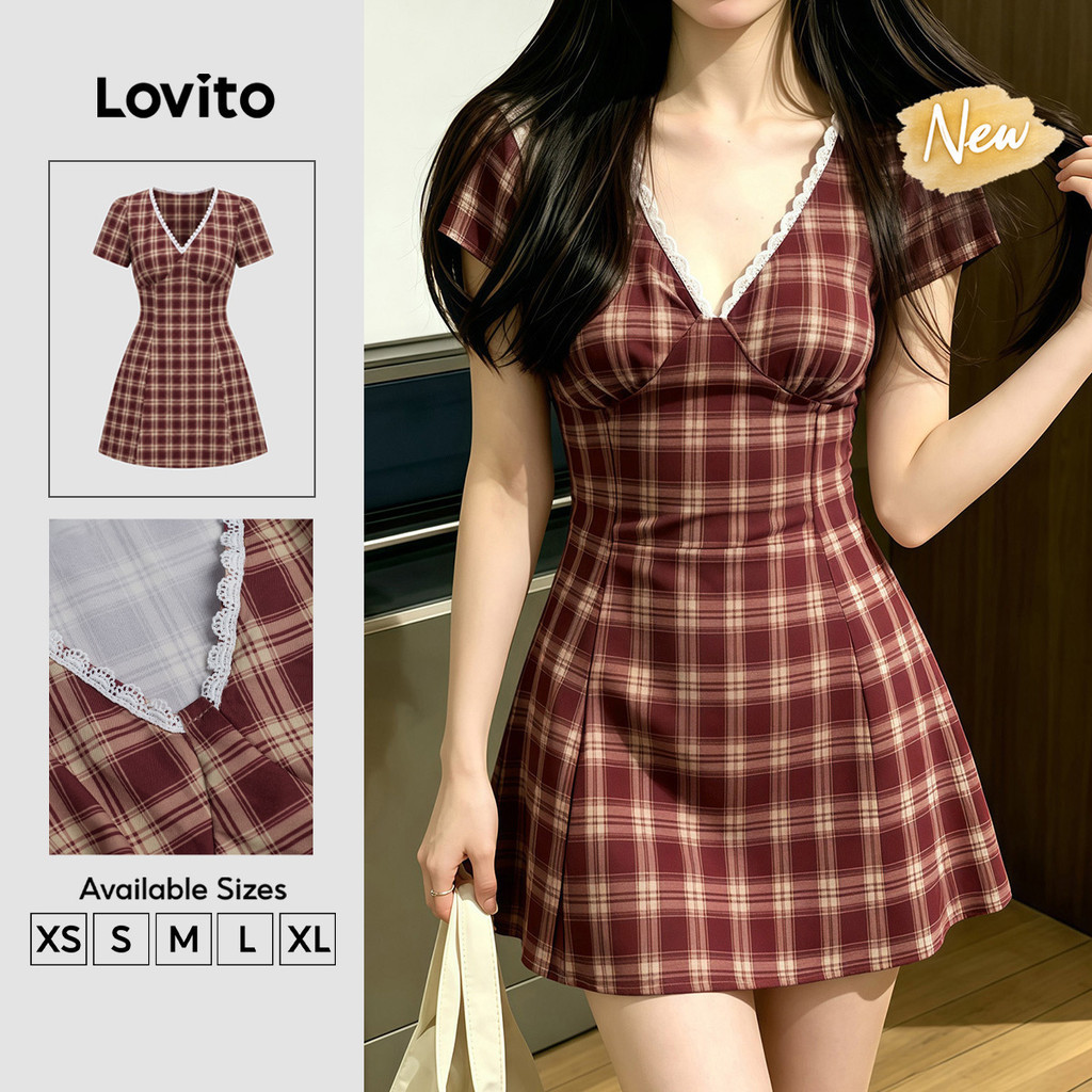 (New Arrival) Lovito Váy đỏ nữ dáng chữ a ngắn Phong cách thường ngày họa tiết Ren Caro cổ bèo mặc mùa xuân hè và cuối tuần DRB204P1D162