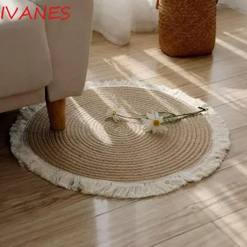 Thảm trải sàn tròn IVANES, Thảm dệt dây Cotton chống trượt tua rua, Thảm trải sàn bằng tay mềm mại phong cách tự nhiên Thảm trải sàn phòng ngủ