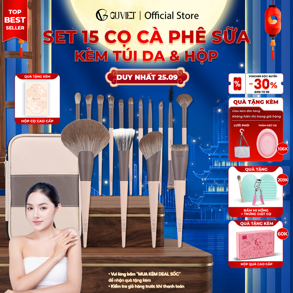 Bộ cọ trang điểm cá nhân cao cấp GUVIET màu cà phê sữa gồm 15 cọ đi kèm túi da và hộp đựng