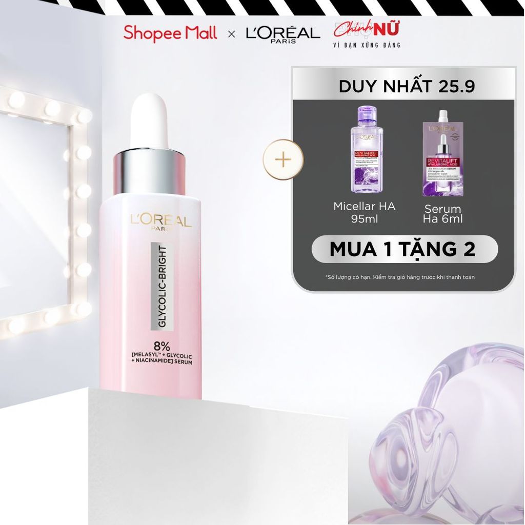 Serum Glycolic Melasyl 8% [Melasyl+Glycolic+Niacinamide] dưỡng sáng da, mờ thâm mụn & nám Loreal Paris 30ml