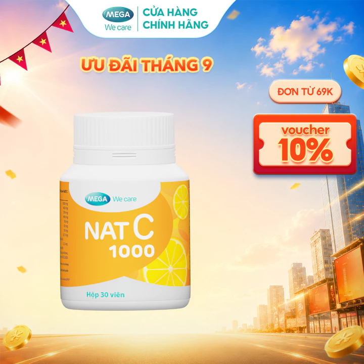 Viên uống Vitamin C Mega We Care Nat C 1000 hỗ trợ tăng đề kháng, giúp giảm nguy cơ cảm lạnh cảm cúm (30 viên) – TPBVSK