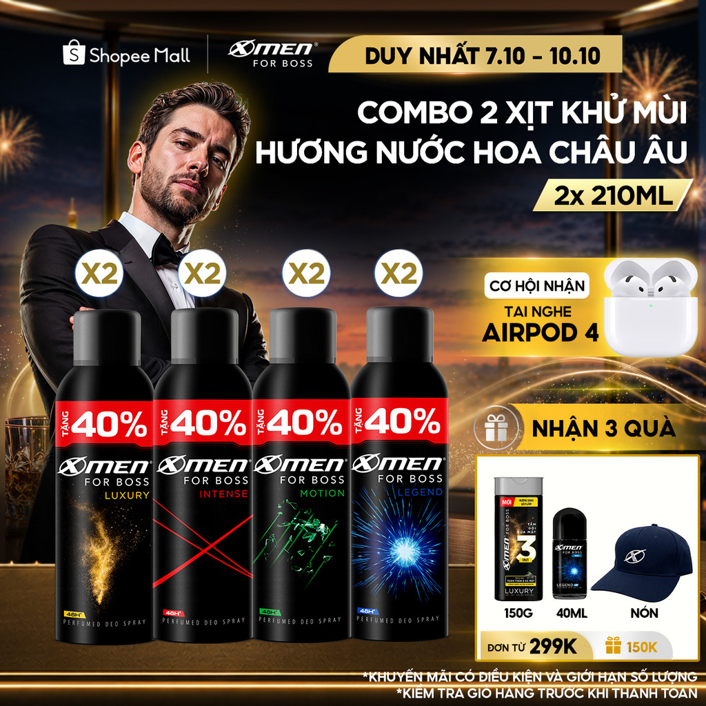 [Tặng thêm 40% dung tích] Combo 2 Xịt khử mùi X-Men For Boss 210ml/chai Khô Thoáng Lưu Hương 48H