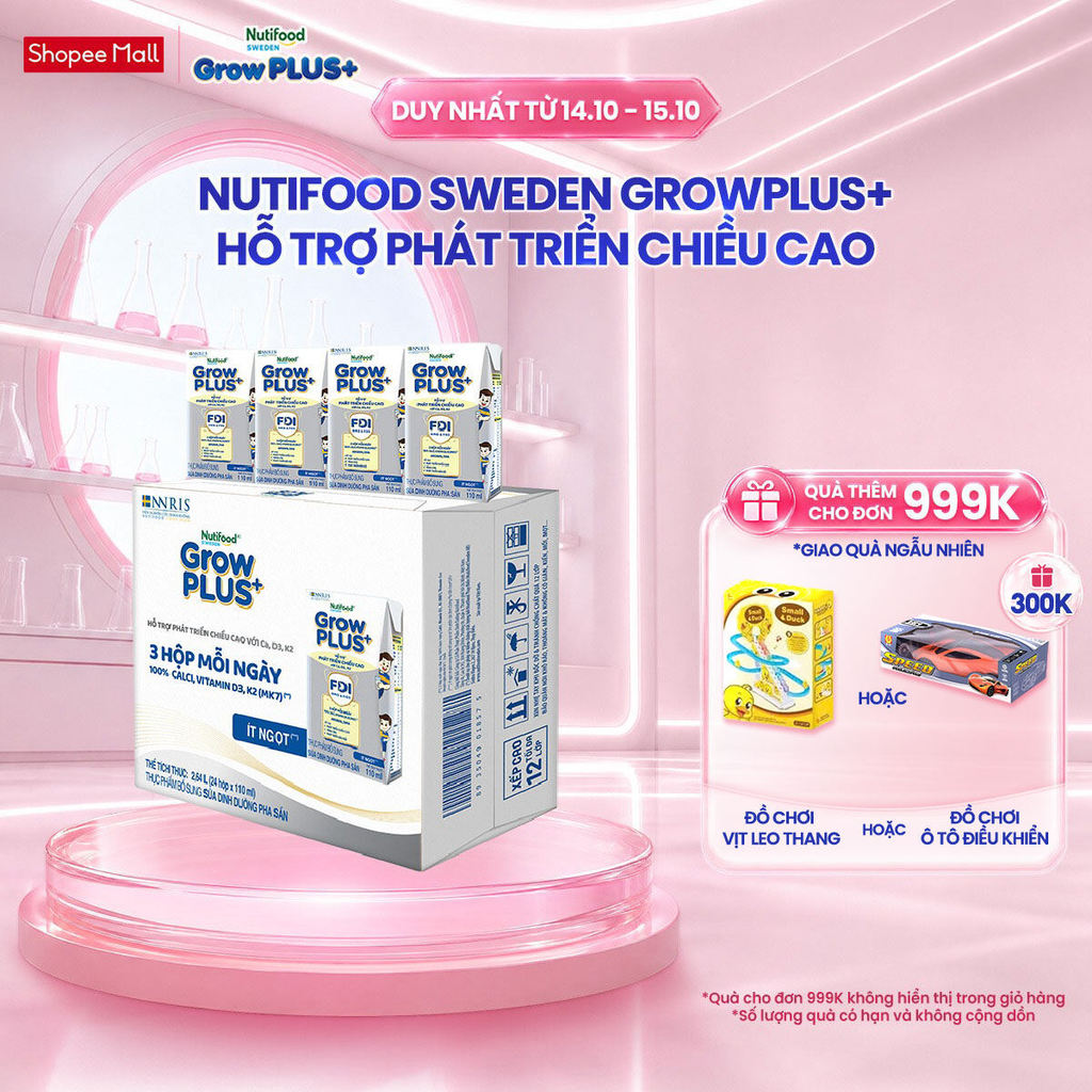Thùng 24 hộp Sữa Bột Pha Sẵn Nutifood Sweden GrowPLUS+ Cao lớn vượt trội Height hộp 110 ml