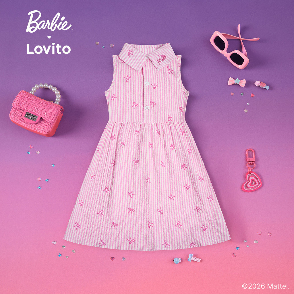 Barbie™ X Lovito Kids Váy Đầm Bé Gái Hồng Xuân/Hè Dáng Xòe Đến Gối Thêu Họa Tiết Có Nút LBL5AD030
