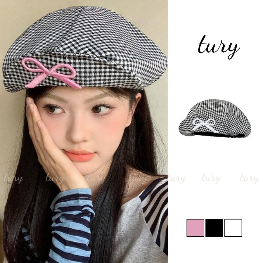 Mũ Beret Nữ - Tury - Mũ nồi Caro Trắng Đen Form Mềm Họa Tiết Nơ Độc Đáo - MN064
