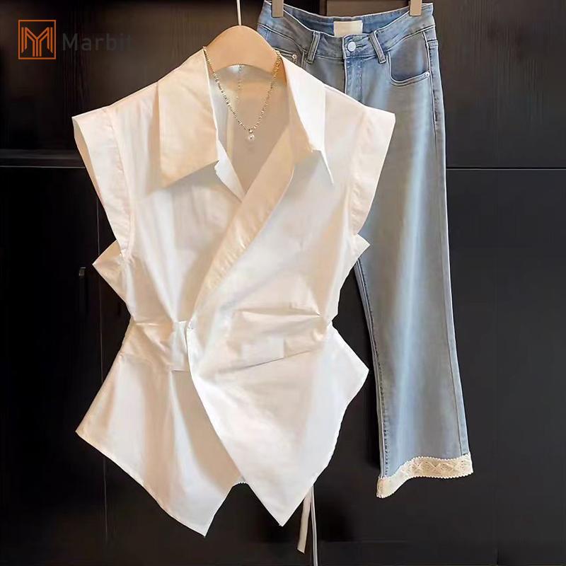 Áo sơ mi không tay Marbit phong cách Pháp, thiết kế cinching eo sang trọng dành cho nữ