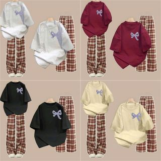 Tổng hợp các sét bộ quần caro đỏ+mix áo phông form rộng -hình NƠ  KẺ CARO tím in ngguc-thubaquanao