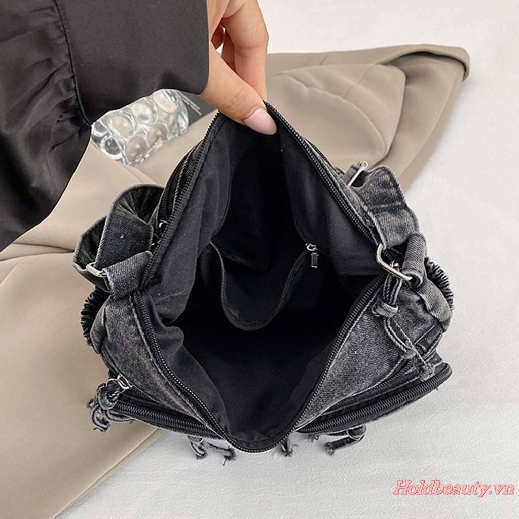 Túi đeo chéo Denim dung tích lớn với nhiều túi có khóa kéo và dây đeo có thể điều chỉnh Túi đeo vai Jean hợp thời trang dành cho nữ