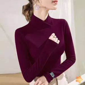 Áo thun nữ dài tay giữ nhiệt, hai mặt nhung, cổ chéo mỏng, vừa vặn