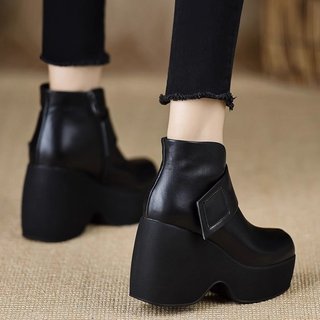 Giày Bốt Ngắn Nữ Ngón Tròn Dày Gót Chống Thấm Nước Nền Tảng Velcro Bên Dây Kéo Thời Trang