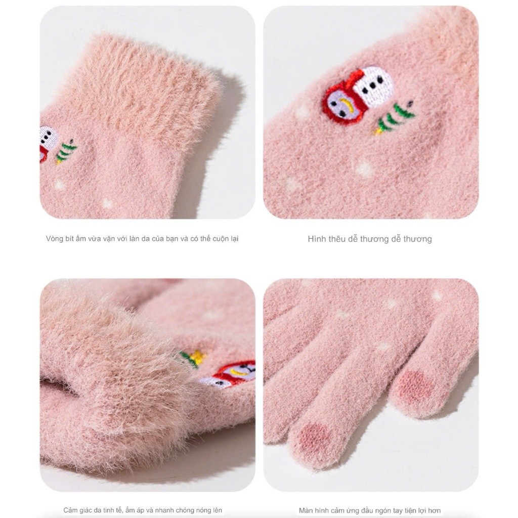 Găng tay len lông cừu mềm mại họa tiết thêu người tuyết cây thông Noel viền cổ tay
