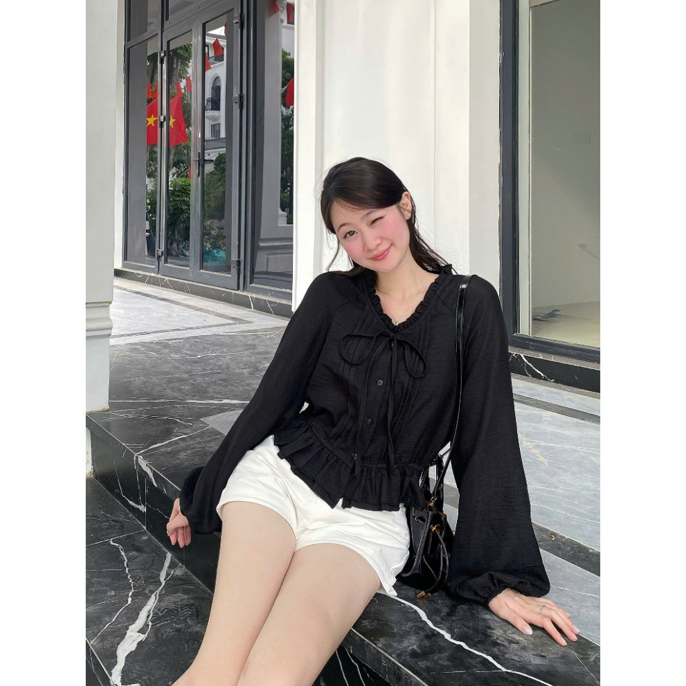 Áo Sơ Mi Cổ Bèo Xếp Ly Trước Chun Dưới Tay Bồng Dáng Lửng  MA3186