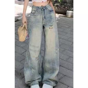 Quần jean nữ đau khổ Retro mùa hè phong cách mới Hợp thời trang phù hợp với tất cả các trận đấu cạp cao Drape Slimmer Look Blue Wide-