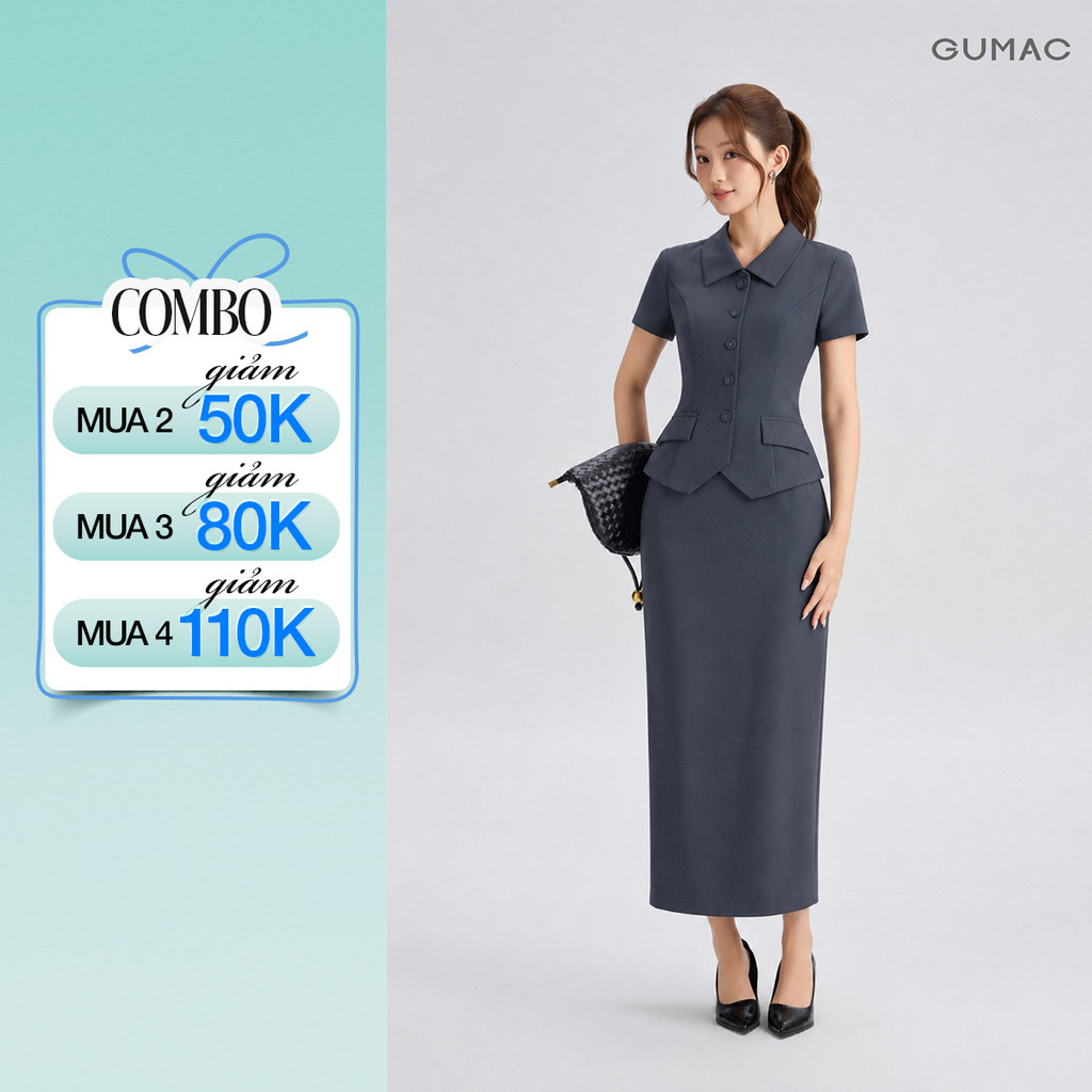 Set lẻ Áo Kiểu Nữ GUMAC Ôm Nhẹ Cổ Nằm Tay Ngắn Thanh Lịch LAG07073 - Chân Váy Nữ GUMAC Xẻ Sau Tinh Tế LVG07074