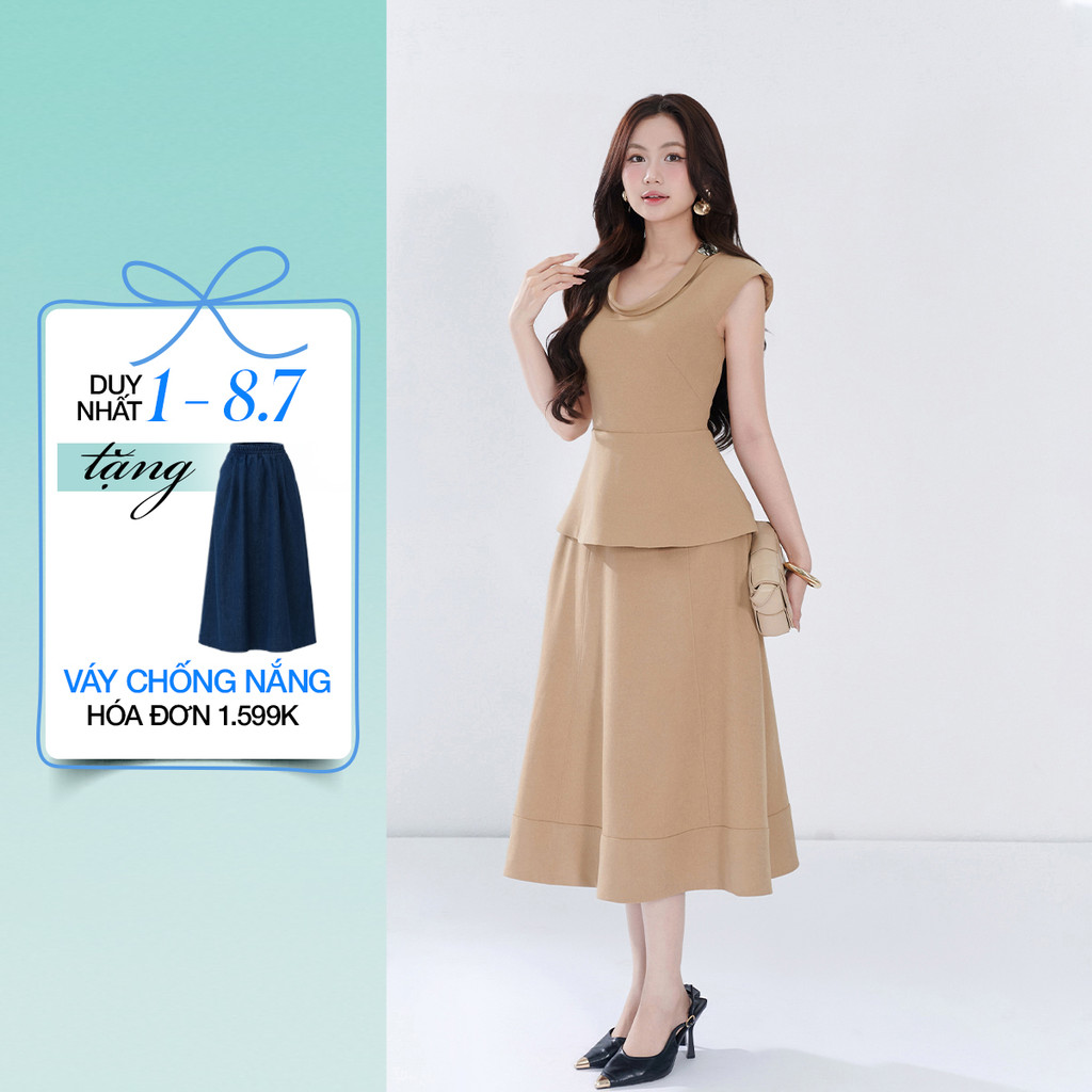 Set lẻ Áo peplum cổ kiểu AF06045 - Chân váy nữ GUMAC A xòe may viền VF06046