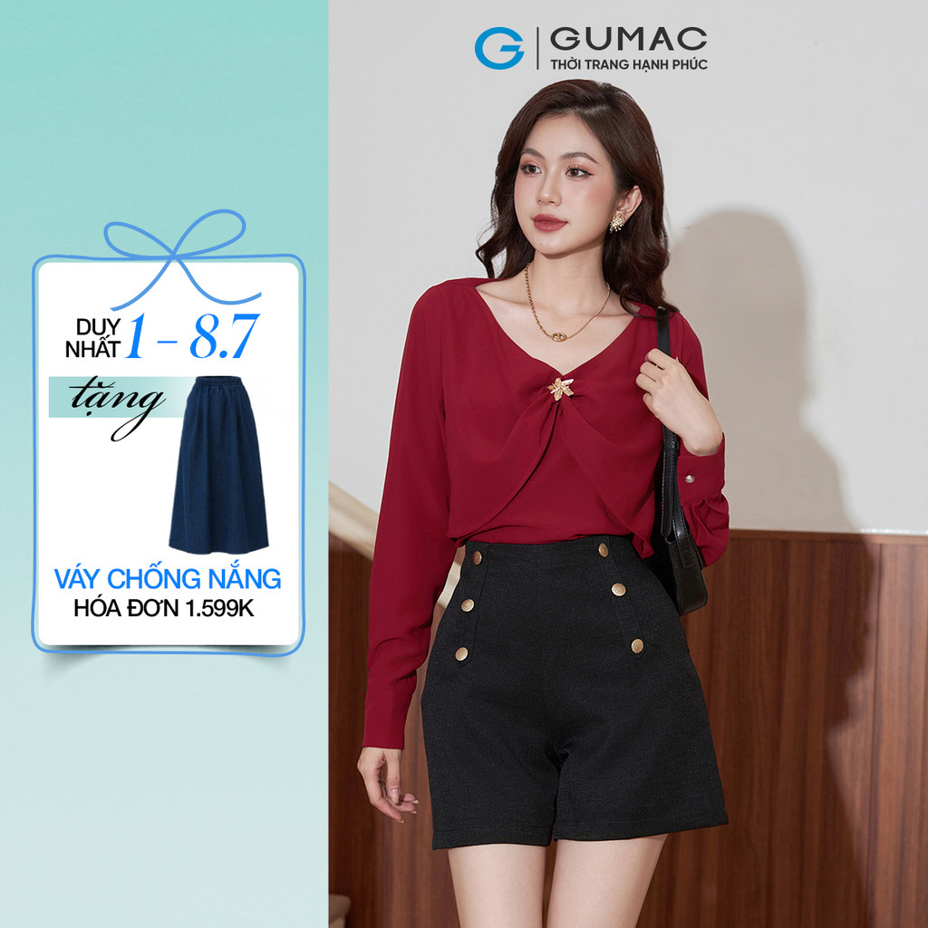 Áo Sơ Mi Nữ GUMAC Tay Dài Cổ V Bèo Đính Phụ Kiện Lụa Mát Sang Trọng AE12069