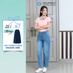 Quần jeans nữ GUMAC kiểu cơ bản form baggy wash xanh nhạt vải mềm đứng form QJF04032
