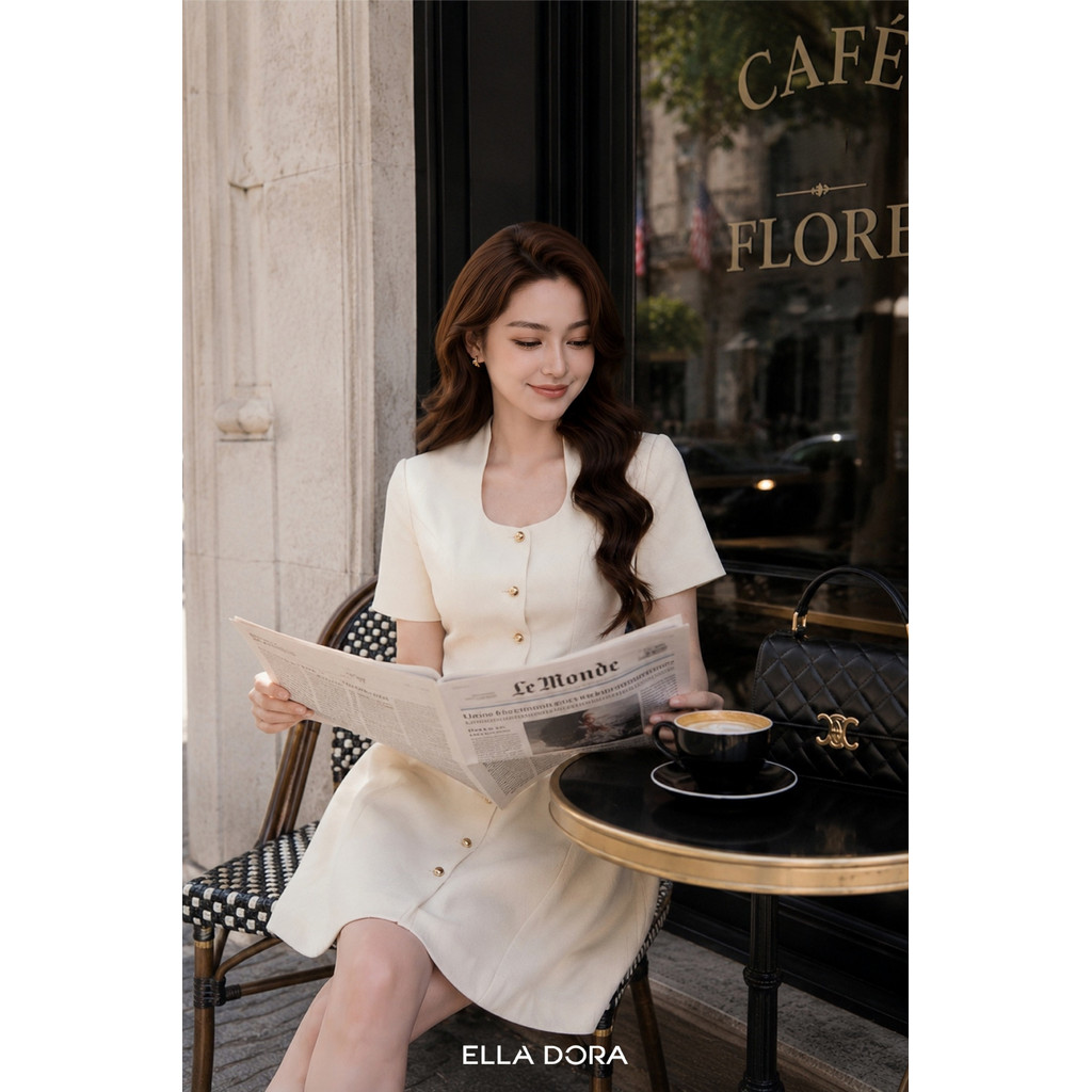 Đầm công sở ELLA DORA cổ vuông phối cúc đồng dáng ngắn thanh lịch dễ mặc 4 mùa 2 màu KEM/ĐỎ [D312]