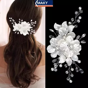 MAKY Ngọc Trai Kim Cương Giả Hoa Cưới Tóc Phụ Kiện Tóc Cho Nữ Handmade Đính Hạt Kẹp Tóc Đồ Trang Trí Tóc Trang Sức Cô Dâu Mũ Đội Đầu VN