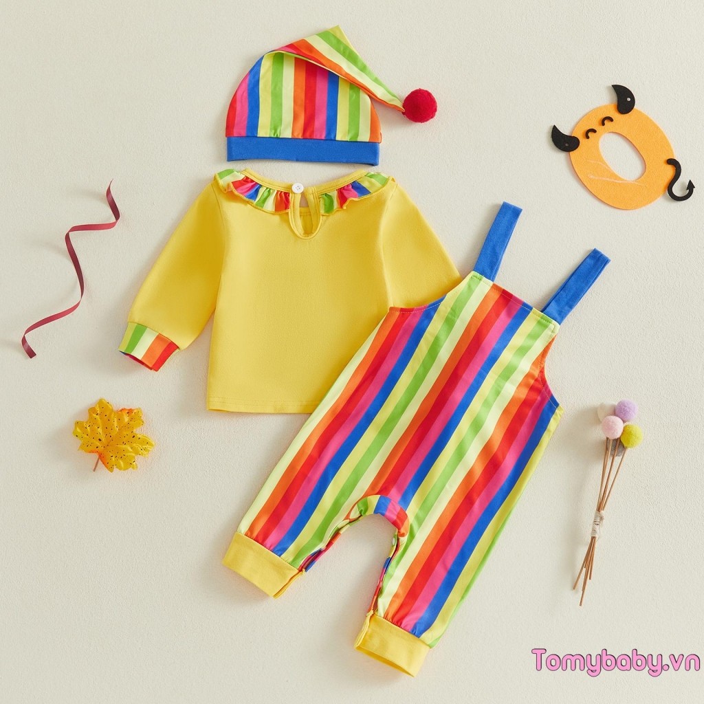 [lpDL] Trang phục chú hề Halloween cho bé trai Áo dài tay in hình chú hề + Quần sọc + Bộ mũ