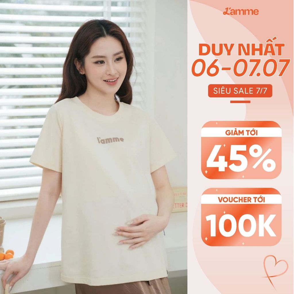 Áo Phông Bầu Flower Tee L'amme - Chất Cotton 100% Co Giãn 2 Chiều, Form Rộng Giấu Bụng