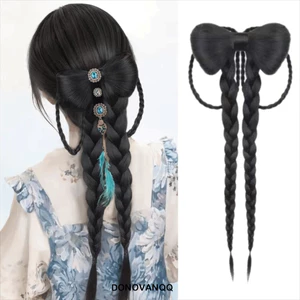 DONOVANQQ Nơ Bện Phần mở rộng đuôi ngựa, Phần tóc thắt nơ tổng hợp thanh lịch, Kẹp mỏ vịt chịu nhiệt Kẹp tóc đuôi ngựa dài Hanfu lông tơ tự nhiên dành cho nữ