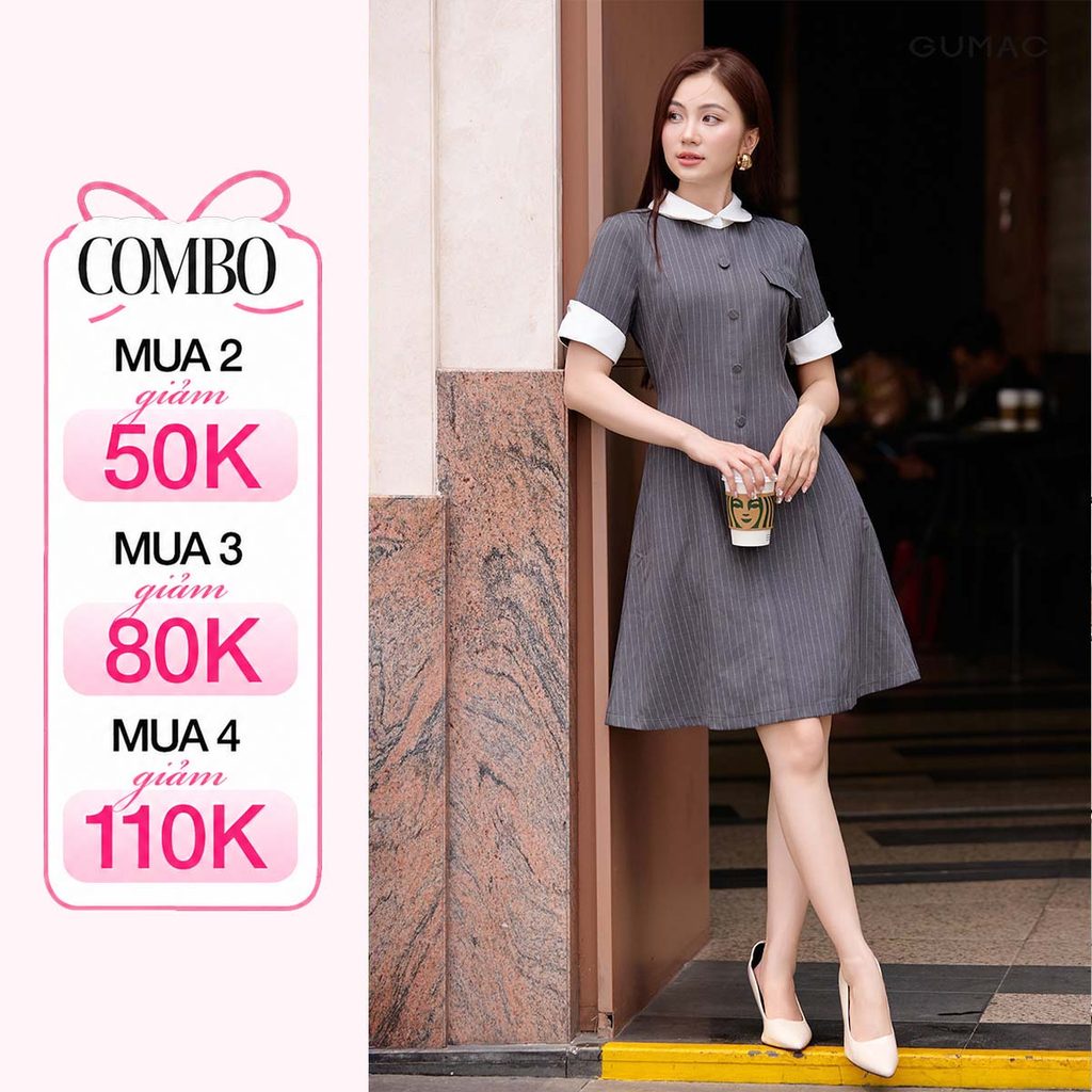 Đầm Sơ Mi Form A Xòe GUMAC Tay Ngắn Đính Nút Bạc Trang Trí Phối Lá Cổ Màu Trắng Thanh Lịch DF09021