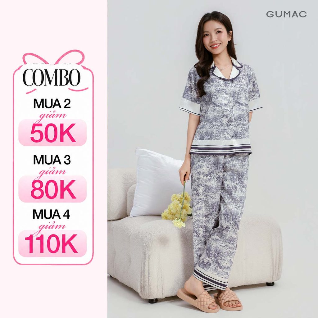 Đồ Ngủ Pijama Nữ GUMAC Tay Ngắn Quần Dài In Họa Tiết Chất Lụa Vân Gỗ Mềm Mát Thoải Mái