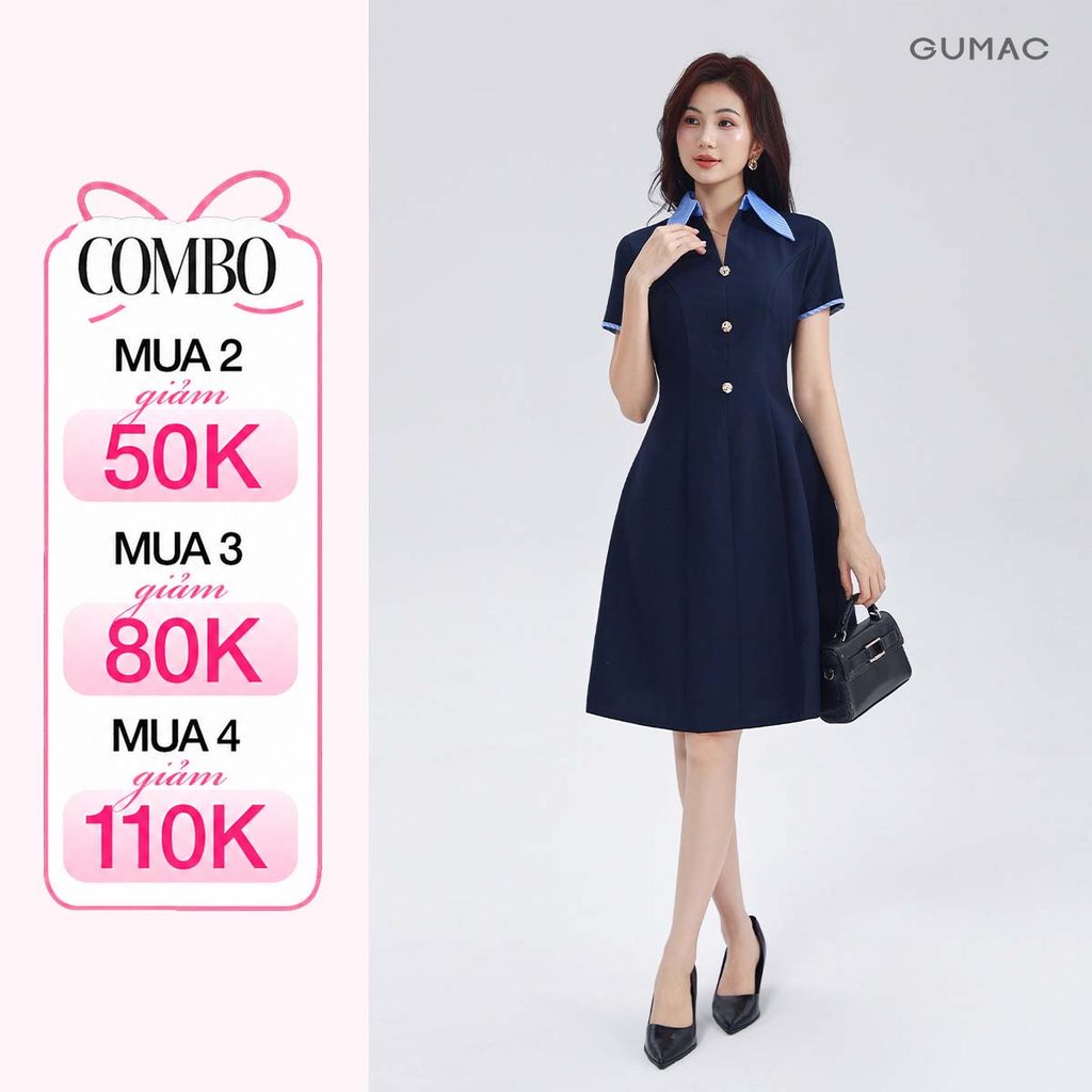 Đầm Nữ Form A Xòe GUMAC Dáng Ngắn Thiết Kế Cổ Sơ Mi Sọc Đính Nút Vàng Có Túi DF03005