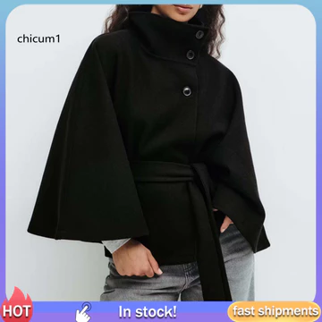 Chicu| Áo khoác Trench Coat Áo khoác nữ tay dơi Áo khoác len Poncho có cổ đứng và thắt lưng – Áo khoác mũi crop thời trang Thu Đông Ngắn Trench Pea cho Đông Nam