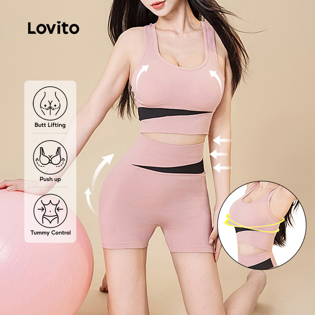 Bộ đồ thể thao Lovito Phong cách thường ngày phong cách năng động phối màu nâng mông cạp cao cho nữ LNA109027